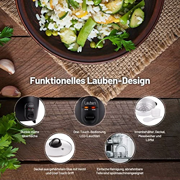 Lauben Rice Cooker 600BC Klein 0,6l, Metall-Dampfeinsatz, Glasdeckel, Dampfgarer, Antihaft, Cool-Touch, Warmhaltefunktion – Bild 4