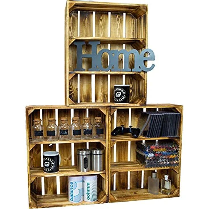 Kistenkolli Altes Land geflammte flache Obstkiste Wilma mit zwei Einlegeböden/Zwischenbrettern ca 50x40x16cm/ Regalkiste Gewürzregal Apfelkiste/Weinkiste (1er Set geflammt) - Ideales Gewürzregal aus Holz, bereits montiert, rustikaler Charme – Bild 4