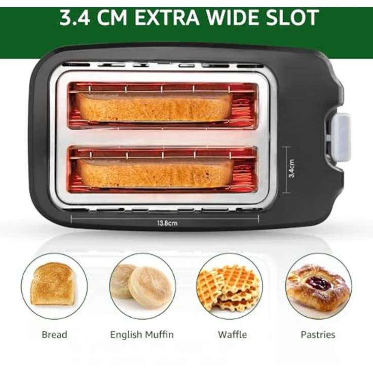 Aigostar Toaster, 750W Sandwichtoaster mit 7 Bräunungsstufen, Auftau- & Aufwärmfunktion, 2 breite Toastschlitze, schwarz – Bild 4