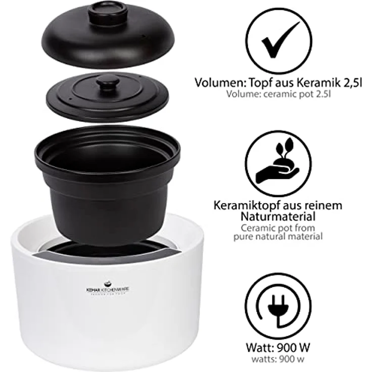 KeMar Reiskocher 2,5l mit Keramiktopf - Topf besteht vollständig aus Keramik (Donabe, Tonkeramik, Tontopf, Keramiktopf) - Weiß, 900W - Schongarer, Dampfgarer, Warmhaltefunktion (KCC-280) – Bild 3