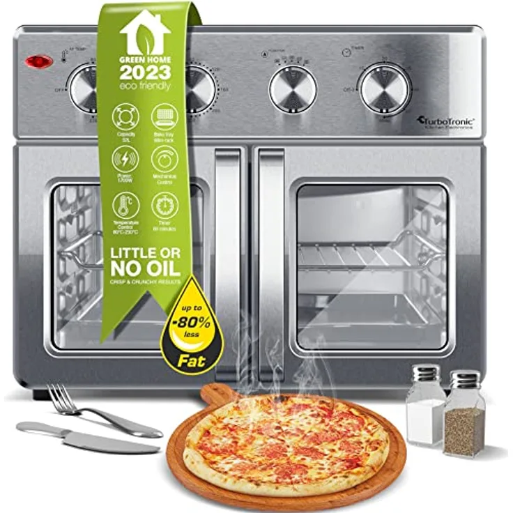 TurboTronic digitaler Heißluftofen - XXL 32 Liter mit Drehspieß für Hähnchen 4in1 Mini Backofen & Power Heißluftfritteuse Airfryer ab 80°C