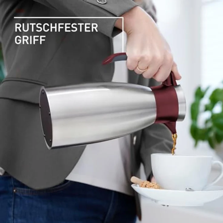 Emsa Soft Grip Isolierkanne, 1,5 Liter, Edelstahl, 12 Stunden heiß + 24 Stunden kalt, Auslaufsicher, Rutschfester Griff, Farbe Weinrot N4120500 – Bild 3