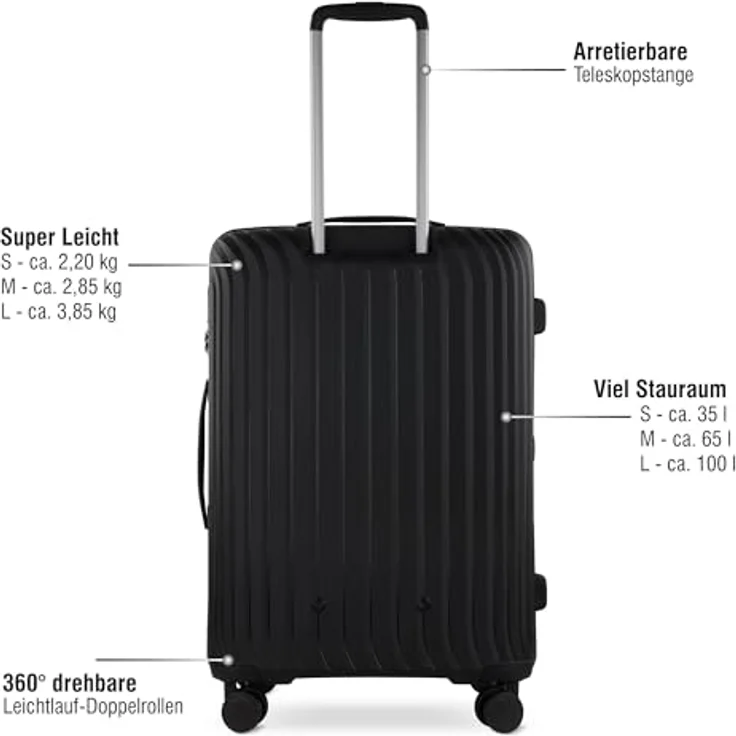 bugatti Hera 3er Hartschalen-Koffer-Set, leichte Reise-Koffer aus PP Light mit 4-Rollen (S/M/L), schwarz – Bild 5
