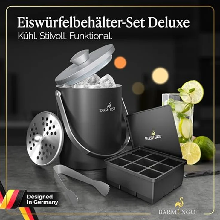 BARMINGO Edelstahl Eiswürfelbehälter mit Deckel, 2l doppelwandig und isoliert, mit Sieb und Zange, BPA-frei, Schwarz-Silber – Bild 2