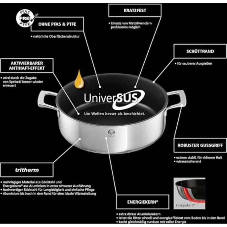 Schulte-Ufer Schmortopf Quasar 28 cm, Edelstahl mit UniverSUS-Oberflächenstruktur, ohne PFAS/PTFE und Energiekern für optimalen Bratgenuss – Bild 5