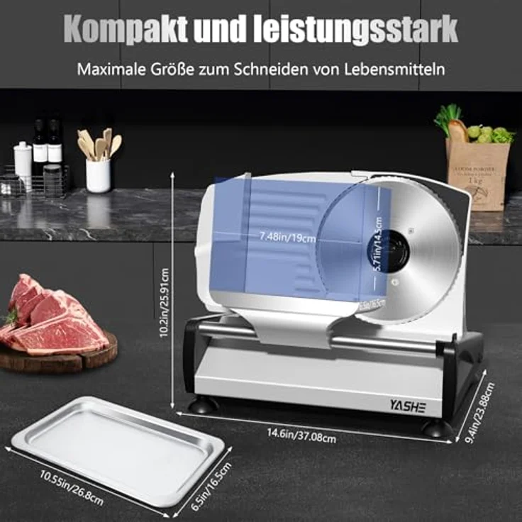 YASHE Elektrische Allesschneider mit leisem 200W DC-Motor, duale 19CM Edelstahlklingen, stufenlose Schnittstärke 0-15mm – Bild 6