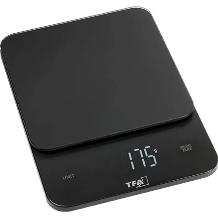 TFA Dostmann Digitale Küchenwaage BROWNIE, bis 5 kg, Glasoberfläche, sensorgesteuertes LED-Display, Tara-Funktion, flach und kompakt, schwarz