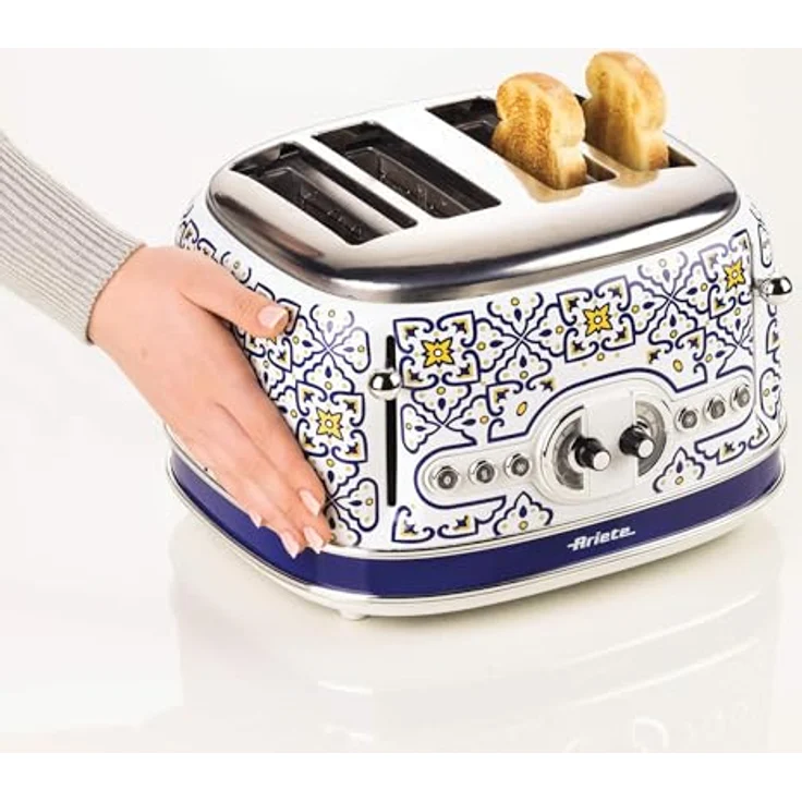 Ariete 156 Capri-Toaster, 1630 W, 4 Scheiben, 6 Bräunungsstufen, Krümelschublade, Defrost-Funktion, automatischer Auswurf, weiß und blau – Bild 2