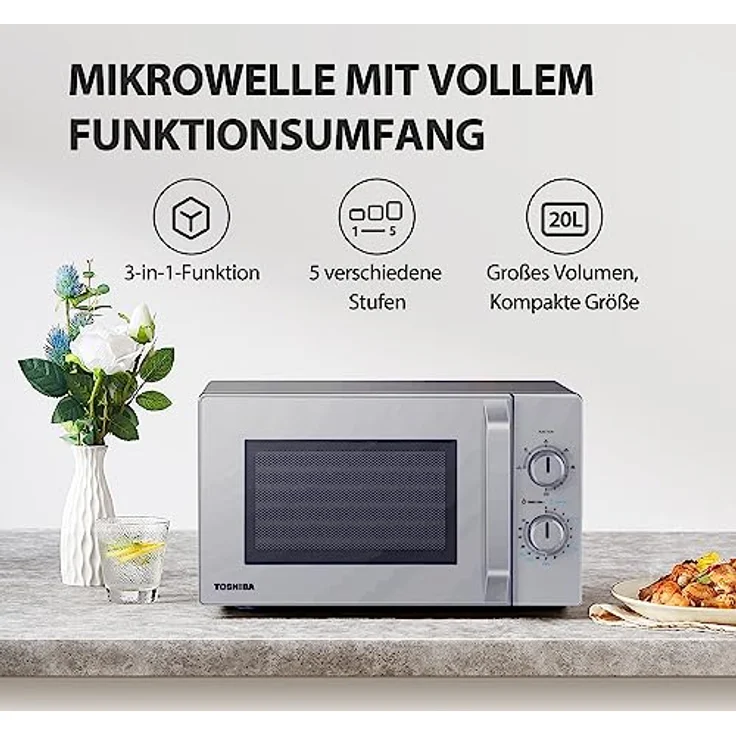 Toshiba Solo-Mikrowelle 20L MW2-MM20PF(SL), Freistehende Mikrowelle, 800W, 5 Leistungsstufen mit praktischer Auftaufunktion, LED-Beleuchtung im Innenraum, Silber – Bild 3