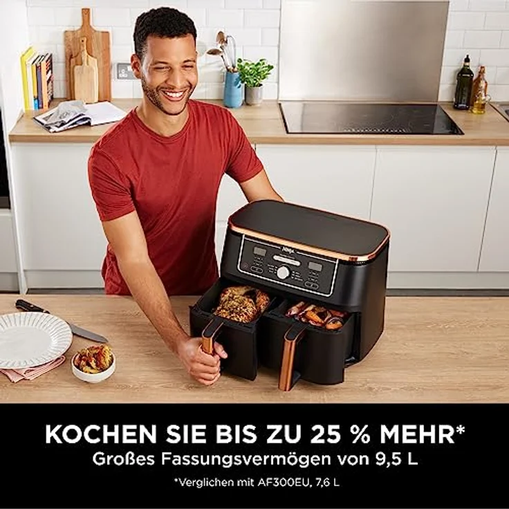 Ninja Foodi MAX AF400EUCP 2-Zonen Heißluftfritteuse, Airfryer, 9.5L, 2 Fächer, mit Zange, Antihaftbeschichtung, spülmaschinenfeste Körbe, 6-in-1, Amazon Exklusiv, Kupfer/Schwarz, AF400EUCP – Bild 4