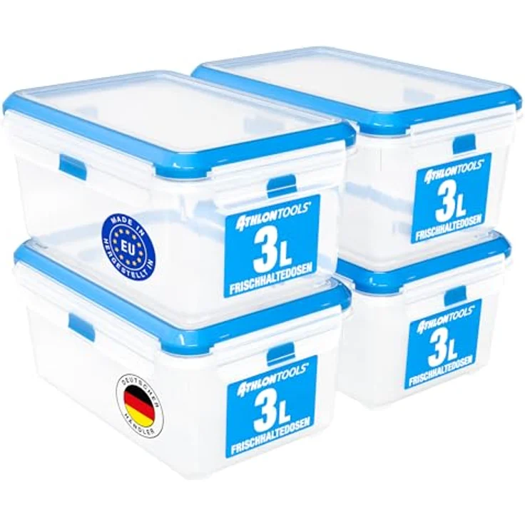 ATHLON TOOLS 4x 3L Frischhaltedosen-Set, Gastro-Qualität, 100% luftdicht, auslaufsicher, BPA-frei, stapelbar, spülmaschinen- und mikrowellengeeignet – Bild 1