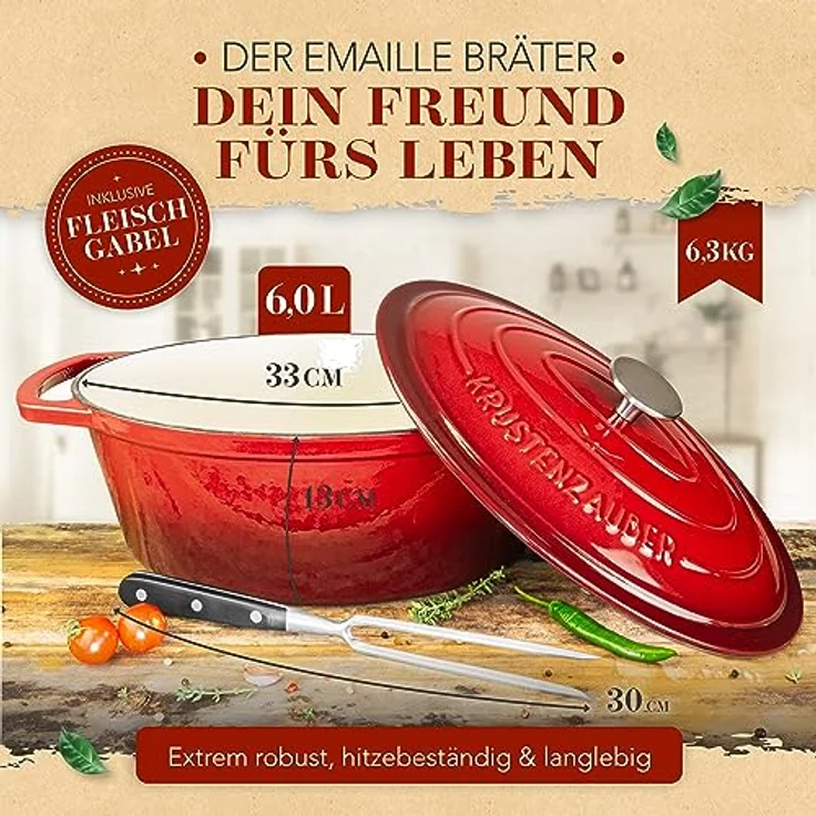 KRUSTENZAUBER 33cm Gusseisen Bräter mit Deckel, 6l Emaille Topf XL, Induktion Oval, Geschenk Weihnachten – Bild 3