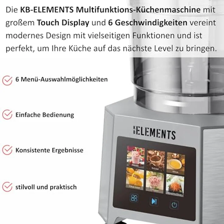 KB ELEMENTS Küchenmaschine - Mixer & Gemüseschneider, 1000W Vollkupfermotor, Full Touch Display, 3L Edelstahlbehälter, Doppelschneideklinge – Bild 2