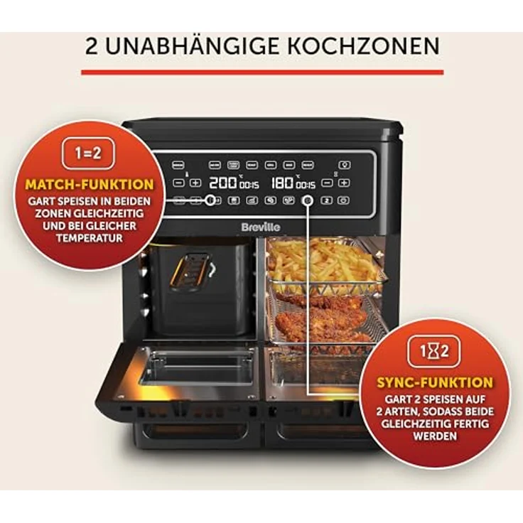 Breville Heißluftfritteuse Halo Flexi | Digitale Doppelkammer-Heißluftfritteuse | 11 l Air Fryer: Für mehr als 10 Personen | 2400 W [VDF130X] – Bild 4