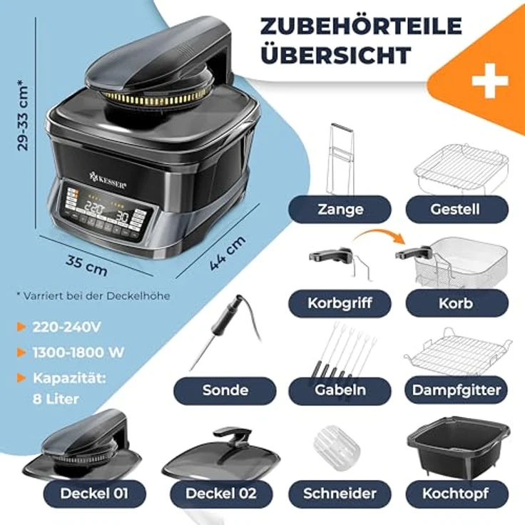 KESSER® Multikocher 8L mit Heißluftfritteuse, 16 Programme, Smart Cook System, integrierte Sonde, Vorheiz- & Warmhaltefunktion – Bild 2