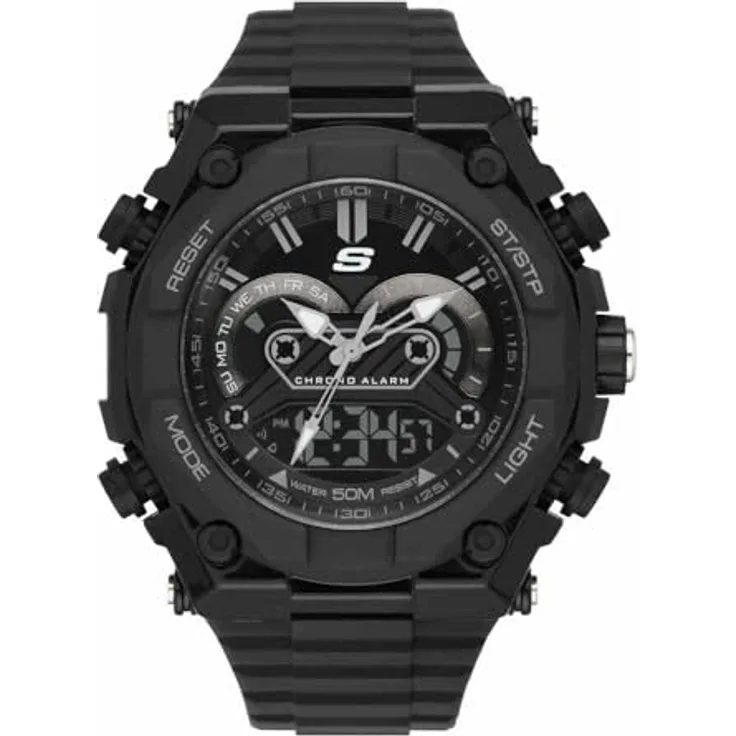 Skechers SR1042 Herren Analog Quarz Uhr, 50mm Gehäuse, schwarzes Zifferblatt, Polyurethan-Armband, wasserdicht bis 50m