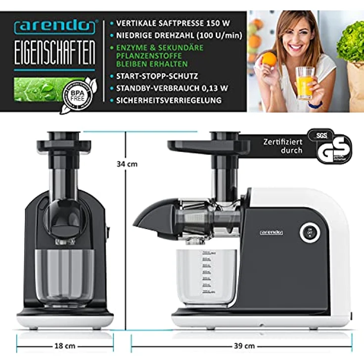 Arendo - Slow Juicer Entsafter Edelstahl - für Gemüse und Obst - Saftpresse elektrisch - 150W – 700 ml Saftkanne – 1,5 l Restebehälter – mit Reinigungsbürste – Sicherheitsverschluss - weiß-schwarz – Bild 3