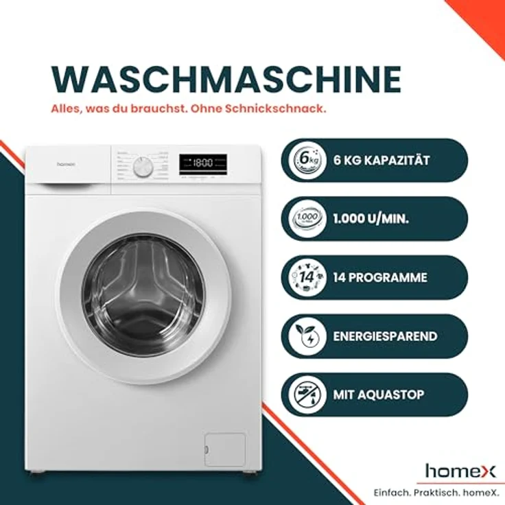 homeX WF610K1A-W Waschmaschine 6 kg, Frontlader, 1.000 U/Min, AquaStop, Inverter Motor, 14 Programme, 39 cm Tiefe, weiß – Bild 2