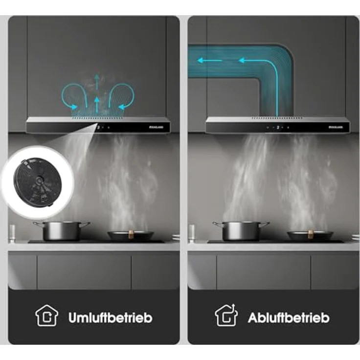Gasland Chef SR60SS Dunstabzugshaube 60cm Umluft, Leise Abluft 202 m³/h Aktivkohlefilter, 3 Stufen Touch Control Unterbauhaube abzugshaube mit Filter Edelstahl Silber Glasbildschirme – Bild 3