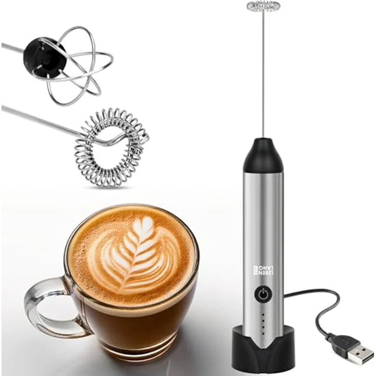 LEBENLANG Milchaufschäumer Stab, elektrisch wiederaufladbar mit USB-Anschluss, 800mAh Akku, inkl. extra Rührbesen und Ladestation, ideal für cremigen Milchschaum und vielseitige Verwendung – Bild 1