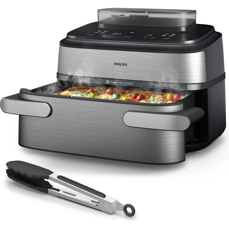 Philips Heißluftfritteuse NA565/02 Steam Airfryer 5000 Series, 9,5L Megabasket, 2750 W, Dampfgarfunktion, RapidAir Plus Technologie, inkl. Servierzange