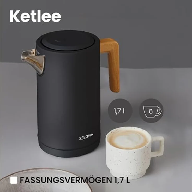 Zeegma KETLEE 1,7 L Kabelloser elektrischer Wasserkocher für Tee und Kaffee, 2200 Watt, automatische Abschaltung, Edelstahl, Modernes elegantes Design (Schwarz) – Bild 3