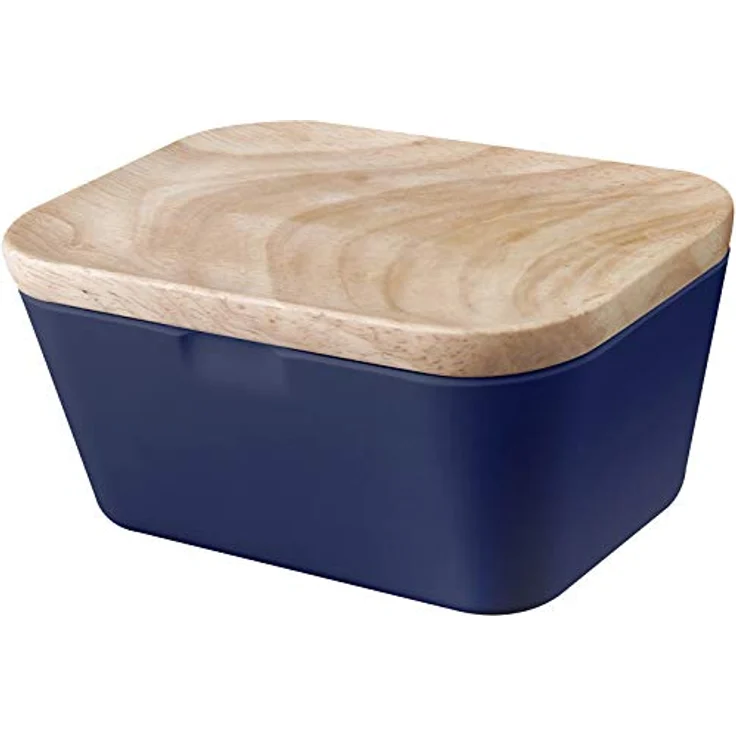 BRUNNER Melamin Butterdose Butter Schale Behälter Holz Brett Deckel Eckig blau – Bild 1