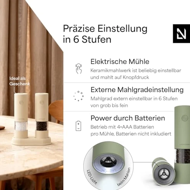 LARS NYSØM Gewürzmühle Kryd, 2er Set mit stufenlosem Keramikmahlwerk und Untersetzer für Salz, Pfeffer und Gewürze – Bild 2