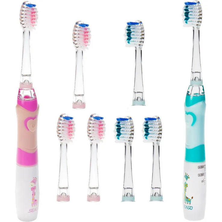 Seago Schallzahnbürste SG-977, 2x Kinderzahnbürste in Pink und Grün, 8 Aufsteckbürsten, IPX7 wasserdicht, 2-Minuten-Timer