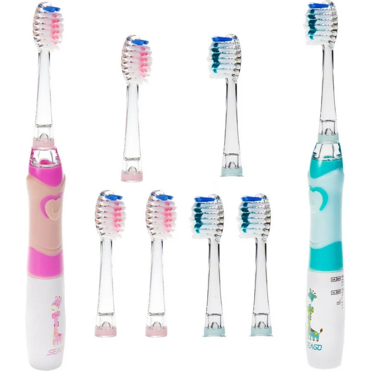 Seago Schallzahnbürste SG-977, 2x Kinderzahnbürste in Pink und Grün, 8 Aufsteckbürsten, IPX7 wasserdicht, 2-Minuten-Timer