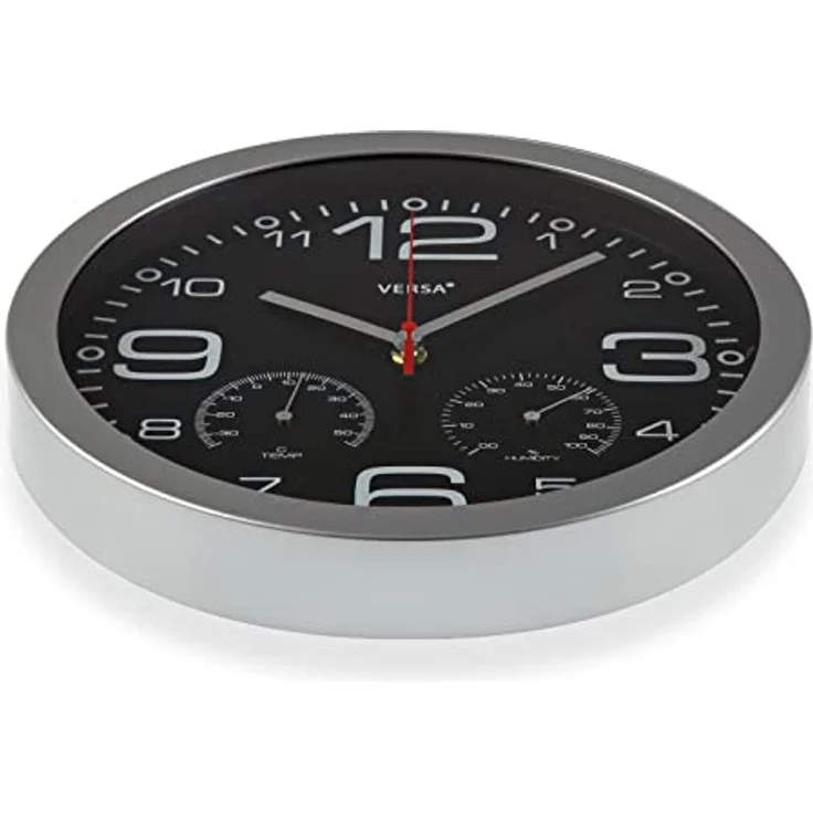 Versa Pamuk Wanduhr - Leiser und dekorativer, für die Küche oder das Wohnzimmer mit Hygrometer und Thermometer, Maßnahmen (H x L x B) 30 x 4,1 x 30 cm, Aluminium und Glas, Farbe: Silber und Schwarz – Bild 3