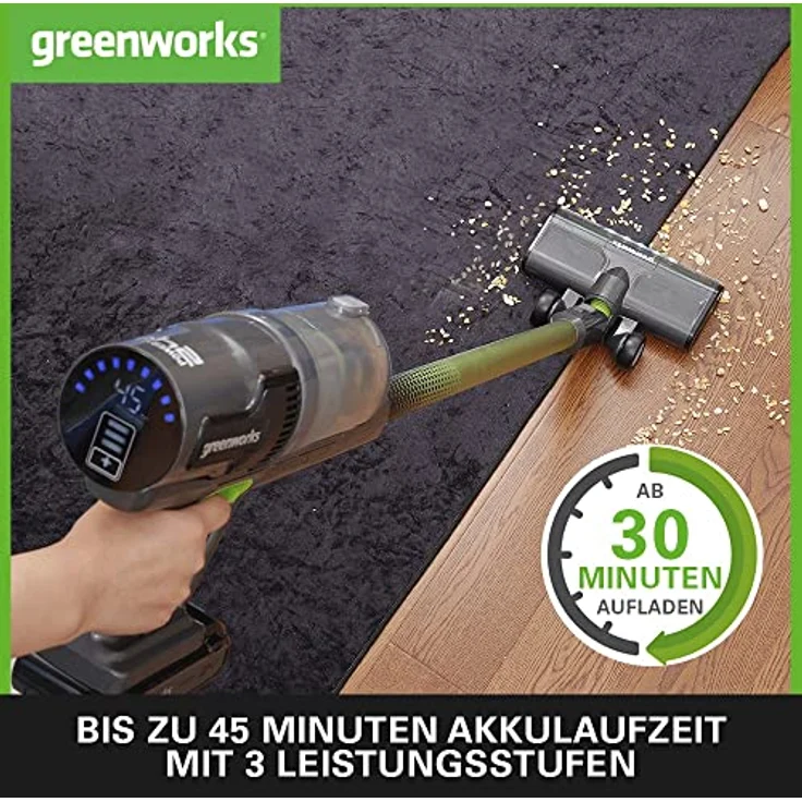 Greenworks GD24SV Kabelloser Staubsauger, hohe Saugleistung, 45 Minuten Laufzeit, Hepa-Filter, Tierhaaraufsatz, 3 Leistungsstufen OHNE Akku und Ladegerät, 3 Jahre Garantie – Bild 4