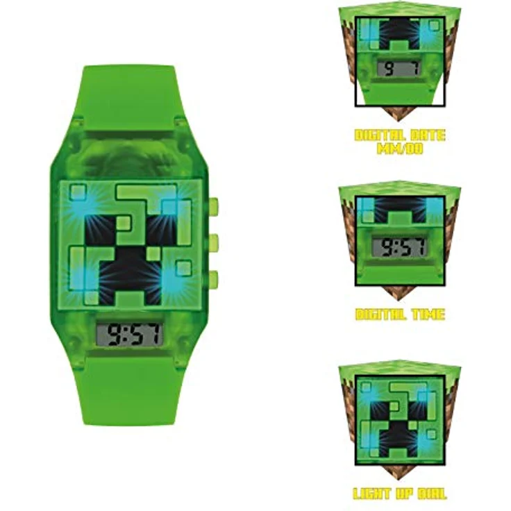 Minecraft Uhr MIN4014, digitale Armbanduhr mit Creeper Design und grünem Gummiband – Bild 3