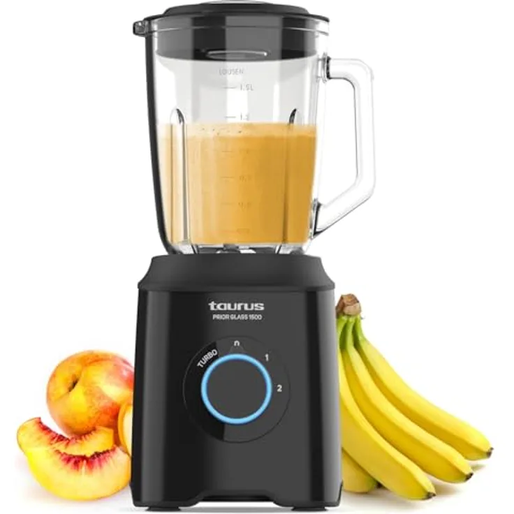 Taurus Prior Glass Standmixer | 1500 W | 2 Geschwindigkeiten + Turbo | 4 abnehmbare Klingen | elegantes schwarzes Design | Rutschsicherheit | BPA-frei