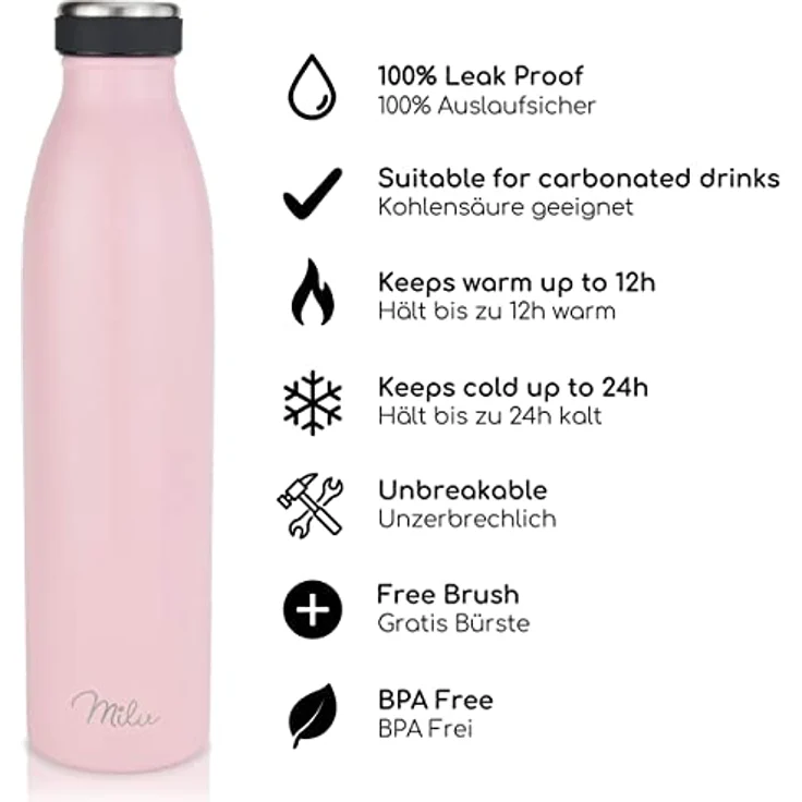Milu Thermoflasche 500ml, isolierte Edelstahl Trinkflasche, doppelwandig, auslaufsicher, für heiße und kalte Getränke, kohlensäuregeeignet, Rosa – Bild 2