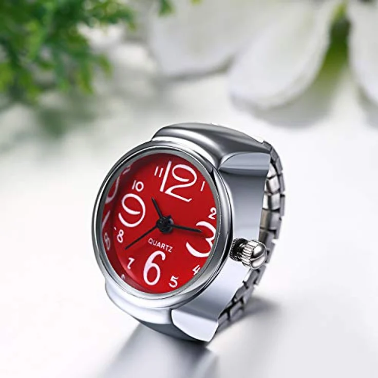 JewelryWe Ringuhr Herren Damen, Analoge Quarz-Uhr mit elastischem Legierungsband, rund, rot – Bild 5