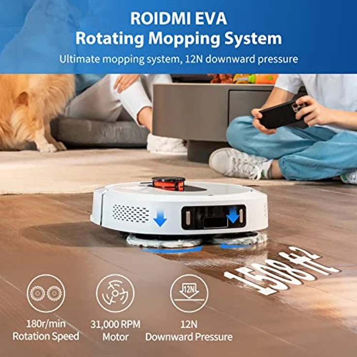 Roidmi EVA Saugroboter mit Wischfunktion und All in One Absaugstation, 180 min Akkubetrieb, 3200 Pa Saugleistung, weiß – Bild 4