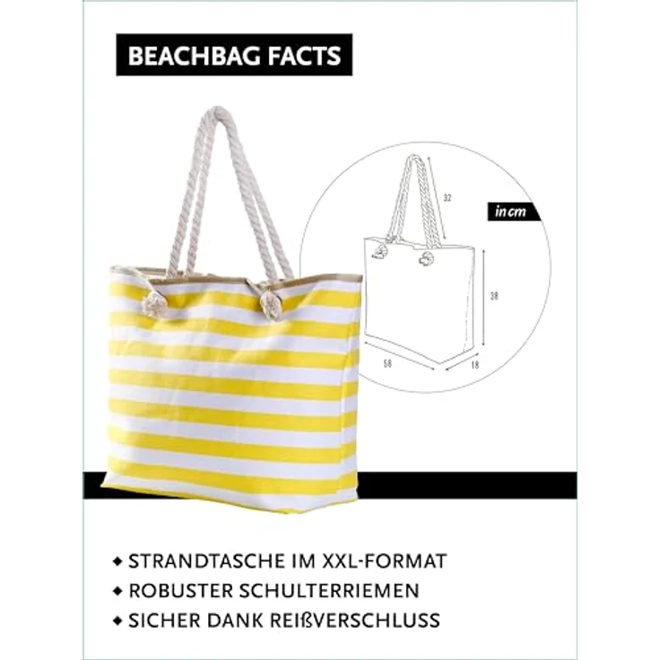 DonDon Strandtasche XXL mit Reißverschluss, gestreifte Shopper Tasche in gelb und weiß, praktische Badetasche für Strand und Meer mit separater Innentasche – Bild 3