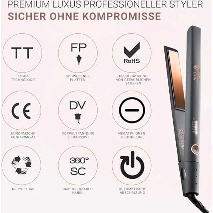 Golden Curl Glätteisen Locken und Glätten Haarglätter - 5 Jahre Sorgenfreiheit - 2 in 1 Styler (Rose Gold Control) – Bild 4