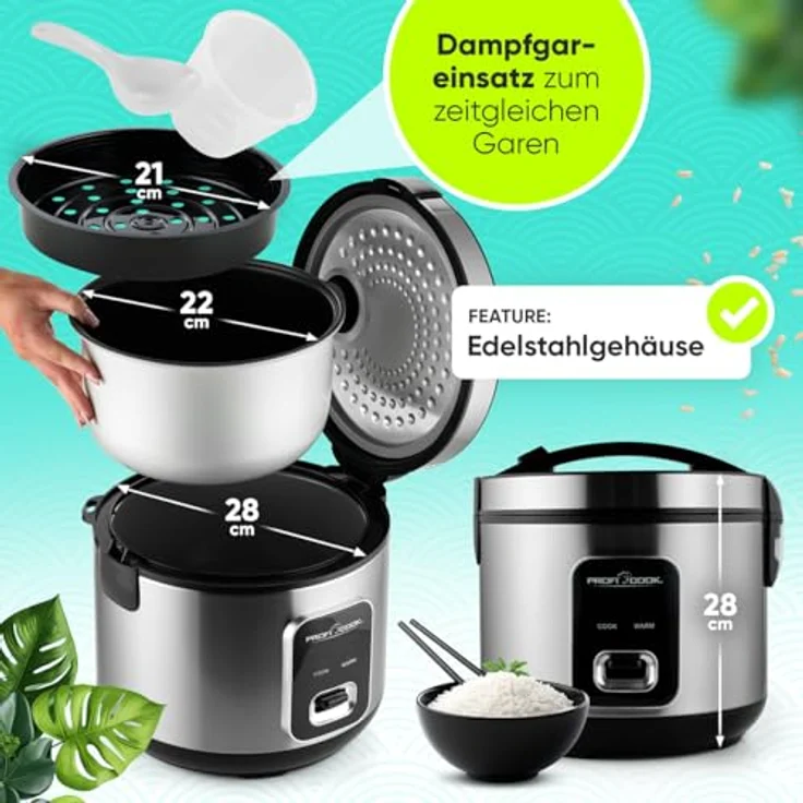 ProfiCook Reiskocher PC-RK 1285, 2-in-1 Reiskocher und Dampfgarer für bis zu 3 kg Reis, Edelstahlgehäuse, antihaftbeschichtet, mit Warmhaltefunktion – Bild 7