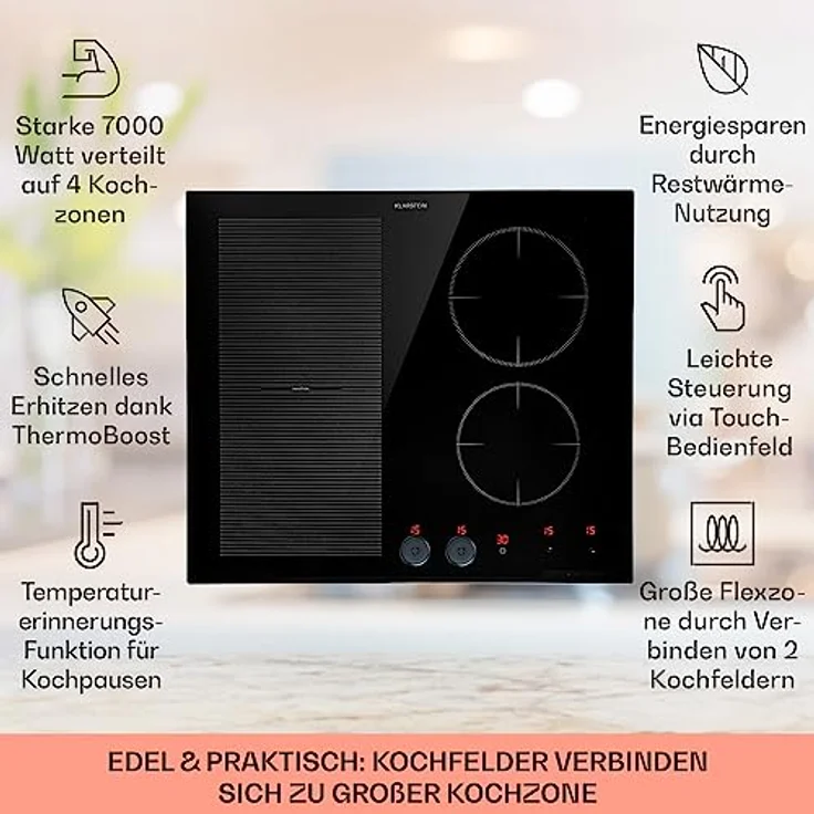 Klarstein Induktionskochfeld 4 Platten, Einbau- mit 4 Kochfelder, 7000 Watt , Herd mit Touch-Control & Timer, Glaskeramikkochfeld mit Abnehmbarem Magnetregler – Bild 2