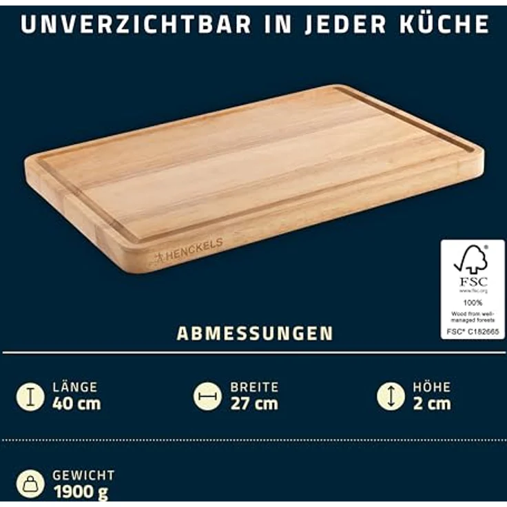 HENCKELS by ZWILLING Cutting Board, Holz Schneidbrett 40 x 27,5 x 2,5 cm, beidseitig nutzbar mit Saftrille, FSC-zertifiziert – Bild 4