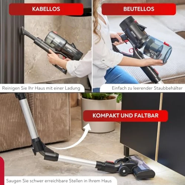 MPM Akku-Stielstaubsauger mit Digitaldisplay & Handstaubsauger 29,2V/250W - Intelligenter Staubsensor - Akku Staubsauger Kabellos - Staubsauger ohne Beutel - Inkl. Wandbefestigung System & Zubehörset, Silber – Bild 5
