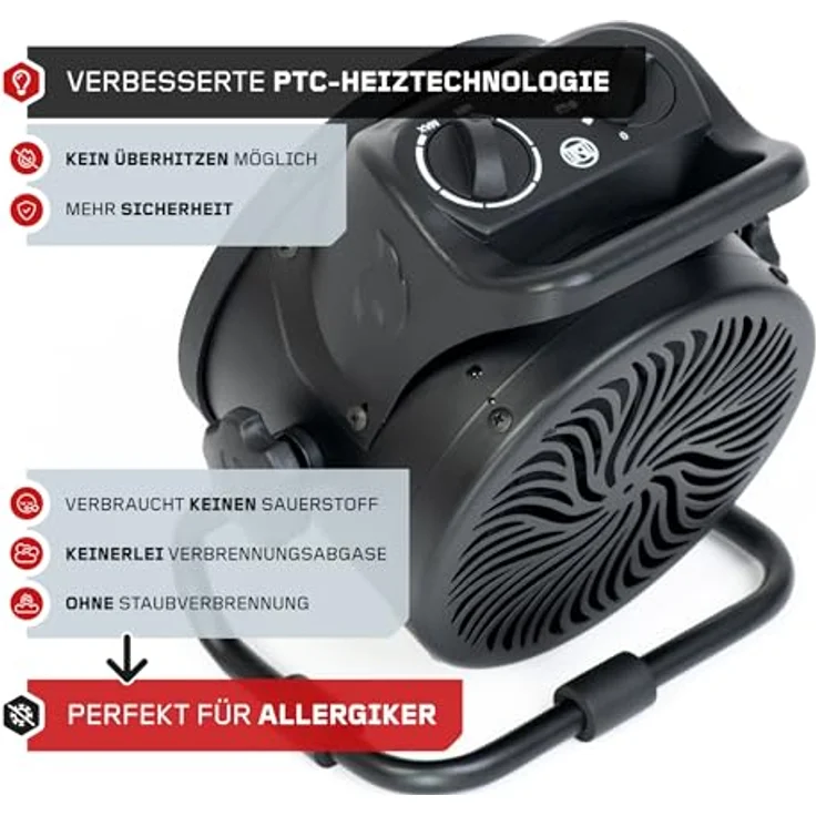 FEISTOS Heizlüfter Helios 2000 | 2000 Watt | 22x14x25cm Keramik | Heizstrahler mit PTC-Heiztechnologie für effektives Erwärmen | 3 Heizstufen mit Kaltluftoption & Überhitzungsschutz | Infrarotheizung, Geschirr, Zwangsluft, Bodenmontage, Kabelgebunden – Bild 3