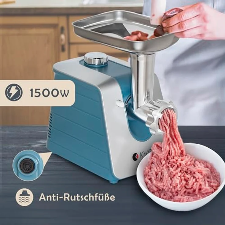 KVOTA Elektrischer Fleischwolf 1500 W max, 3 Lochscheiben (3/5/7 mm), Wurstaufsätze (13,5/19,5/22 mm) & Kibbeh-Aufsatz, Edelstahlgehäuse – Bild 5