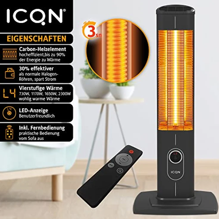 ICQN Heizstrahler IC2300.R, Stand Heizstrahler mit Fernbedienung, Infrarotheizung, 2300 W, für Innen- & Außenbereich, Standgerät, IP20, Digitalanzeige – Bild 2