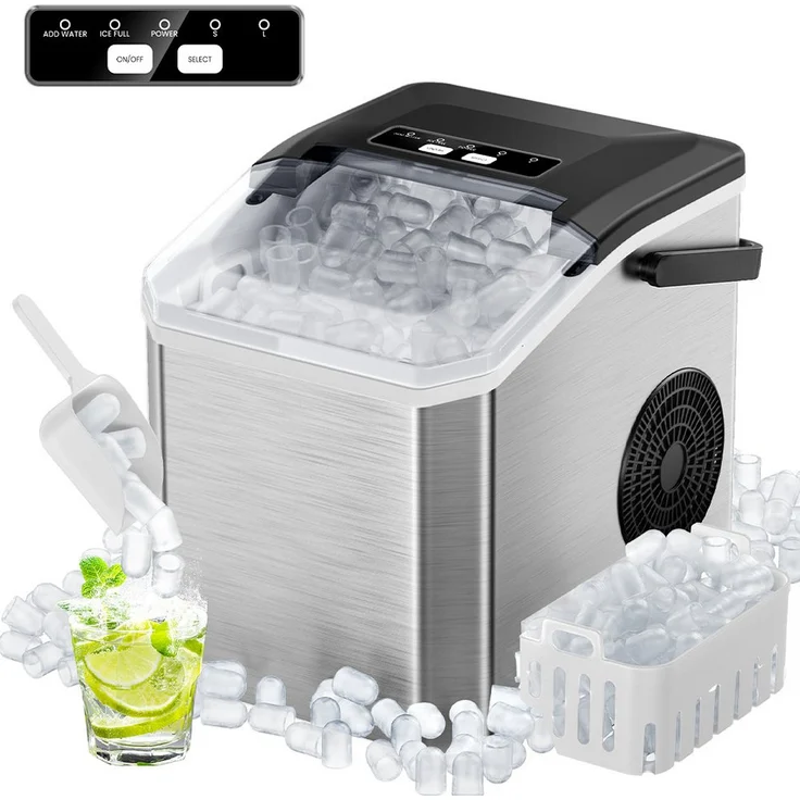 Pdgrid Eiswürfelmaschine, Edelstahl Eiswürfelbereiter mit 6-Minuten Produktion, 15 kg/24 h, geräuscharm, Selbstreinigung, 2 Eisgrößen, LED-Digitalanzeige