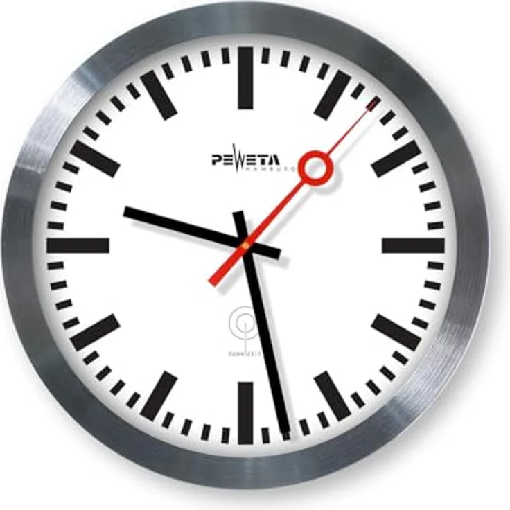 Peweta Funkwanduhr DCF77 (mit Bahnhof-Sekundenzeiger, breiter silberner Rand, Ø 30 cm) – Bild 2