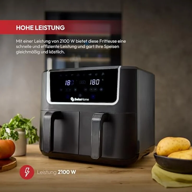 Z SwissHome DARK Luftfritteuse 2100W, 2 Töpfe 3L, 8 Funktionen, LED-Touchscreen, Antihaftbeschichtung, Dörr- und Aufwärmfunktion, einfache Reinigung – Bild 3