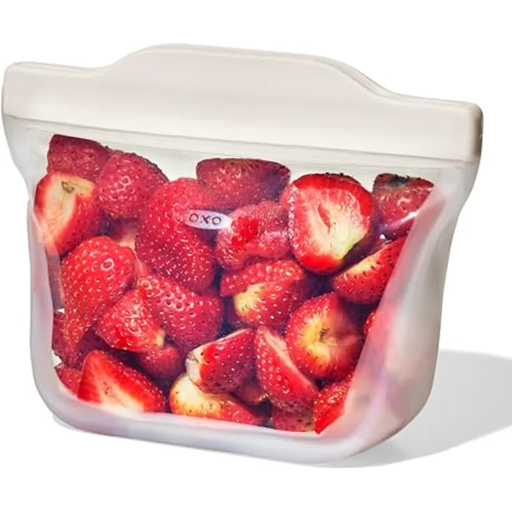 OXO Good Grips wiederverwendbarer Silikonbeutel, Snack-Standbeutel (335 ml) in Hafer, lebensmittelechtes Silikon, auslaufsicherer Verschluss, staubabweisende Oberfläche